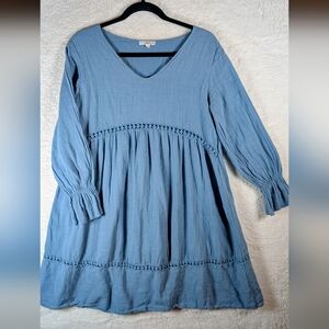 111-Made In Italy Chic Long‎ Sleeve Blue Dress 💯 Cotton